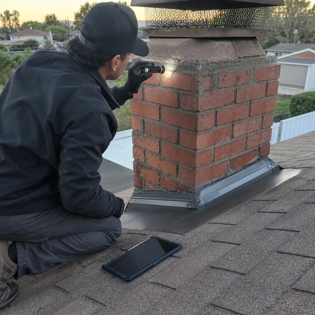 Professional inspector performing a detailed rooftop chimney inspection.