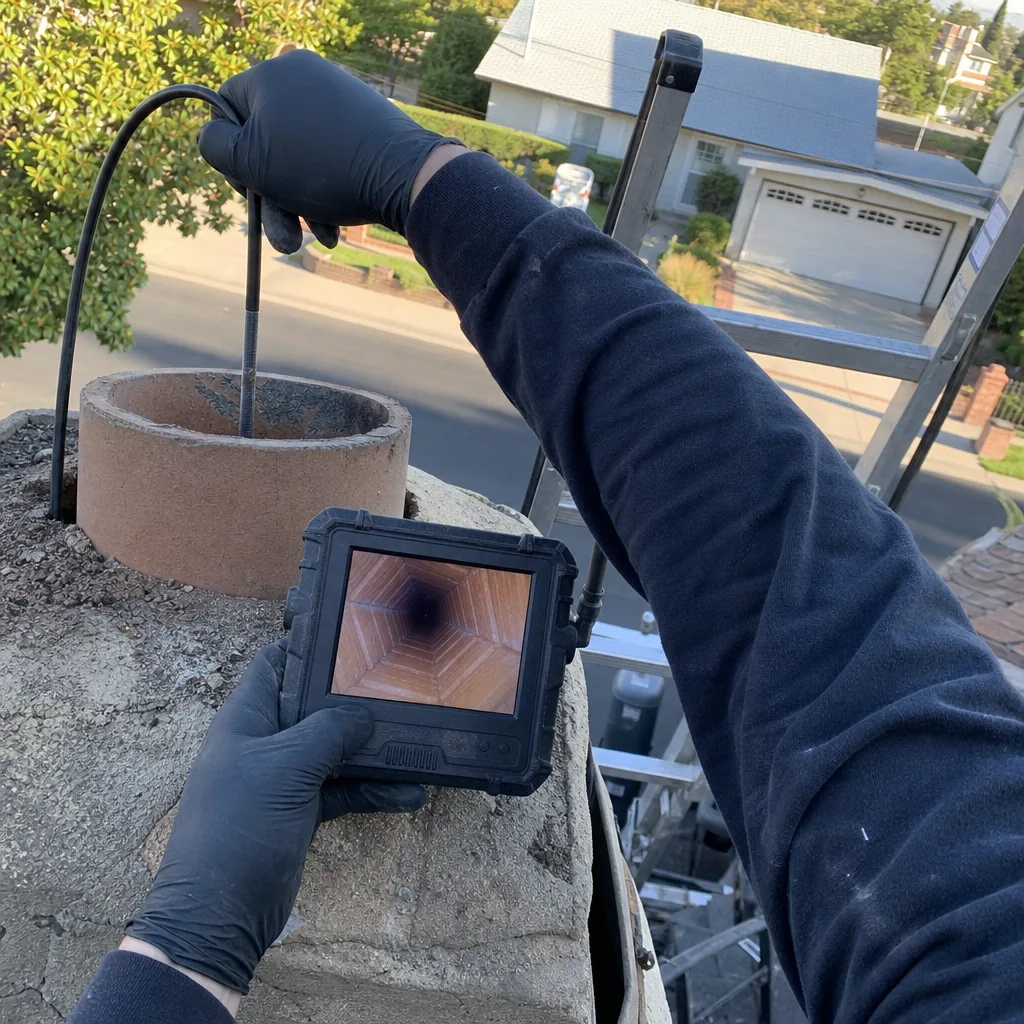 Professional chimney sweep performing a flue inspection with a digital camera