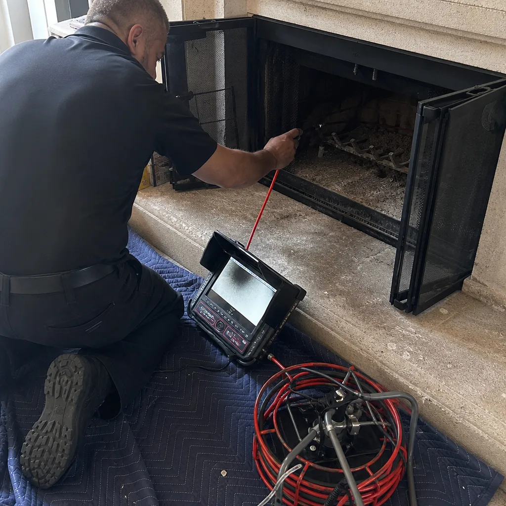 Chimney technician performing a video inspection of a residential fireplace
