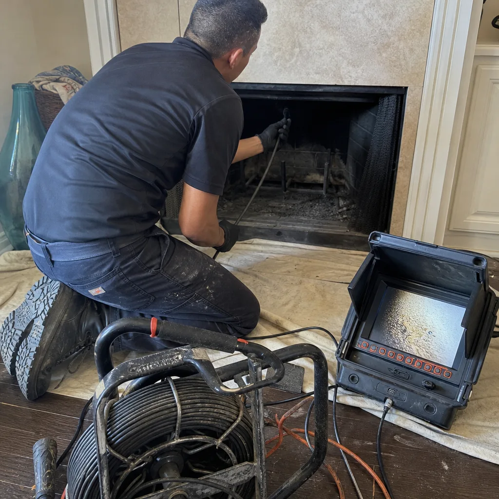 Technician using a chimney inspection camera system for fireplace maintenance