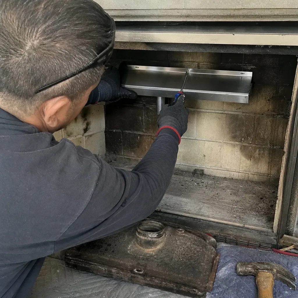 Technician performing professional fireplace repair and maintenance services